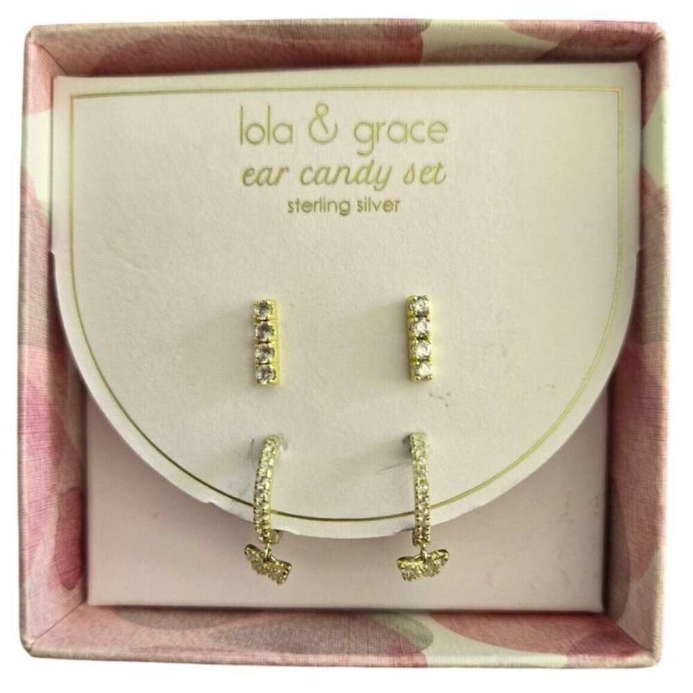 Lola & Grace Sterling Silver Butterfly Charm Hoop & Crystal Bar Stud Earrings NI